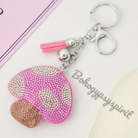 🍄Mushroom Crystal Rhinestone Keychain Bag Charm With Pink Tassel - Picture 3 of 11